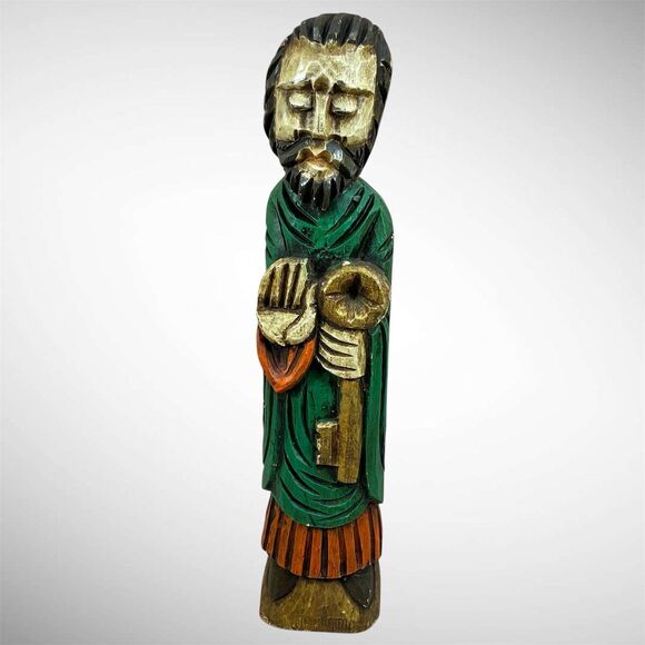 VTG St Peter w/Key Wooden Sculpture SANTOS 19” Hand Carved & Painted Holy Figure